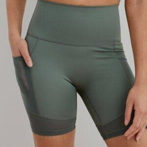 Aerie Women's Size Large Dark Sage Green Chill Play Move Mesh Biker Shorts